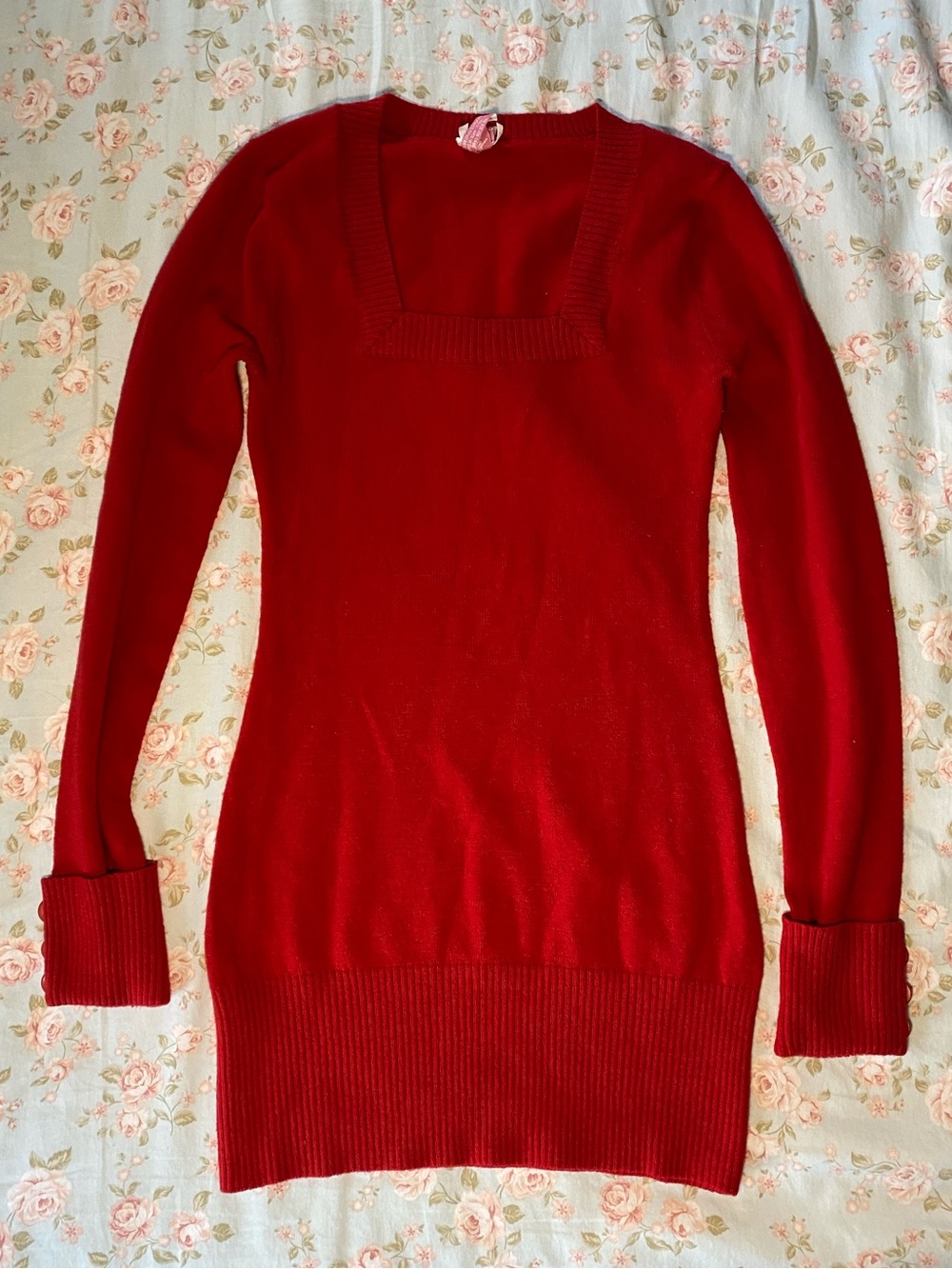 Vintage Derek Heart Y2K Red Long Sleeve Square Neck Ribbed Mini Sweater Dress